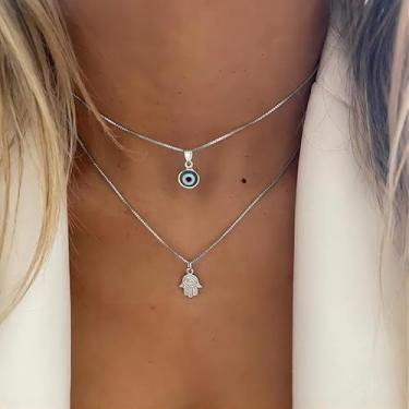 Imagem de Colares de olho turco banhados a ouro 14K para mulheres, colar com olho da sorte, corrente em camadas, colares para mulheres, presentes para amigas, 46.5+6cm, Metal, Sem Pedra Preciosa