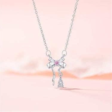 Imagem de Colar feminino com pingente de laço de cristal rosa pendente, gota, diamante, zircônia, laço, nó, gargantilha delicada, joia de Natal, Small, Aço inoxidável, Sem Pedra Preciosa