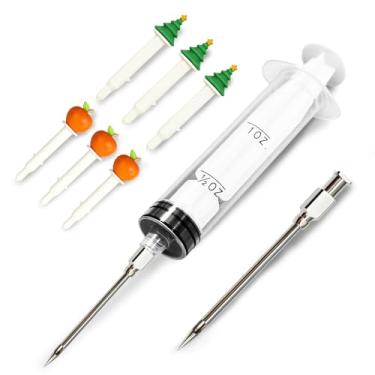 Imagem de Temporizador pop-up (3 árvores de Natal e 3 maçãs) e seringa injetora de carne (60 ml) injetor de peru de plástico com 2 agulhas de marinada para injetar marinada no peru, carne e peito