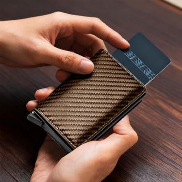 Imagem de Carteira fina - Porta-cartões minimalista, carteiras com bloqueio de RFID, carteiras de cartão de crédito pop-up para homens e mulheres, escritório de viagem, Marrom 3, Portátil