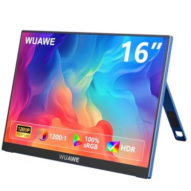 Imagem de WUAWE Monitor portátil de 16 polegadas 1920 x 1200p | Tela externa FHD USB-C de 60 Hz com HDMI | Alto-falantes integrados, tela de viagem ultrafina de 0,3 polegadas para laptop/switch/MacBook |
