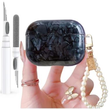 Imagem de Olytop Capa para Airpods Pro 3 com glitter fofo 2025 com caneta limpa, padrão de concha Apple Airpods iPod 3ª geração, capa protetora para meninas e mulheres com chaveiro pérola de luxo, preto