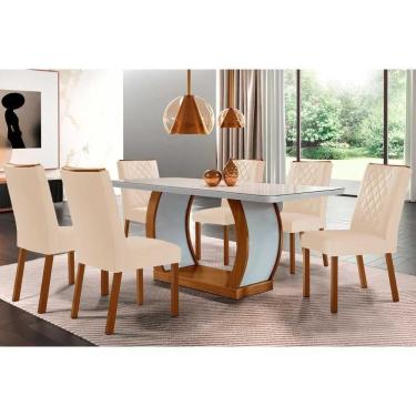 Imagem de Conjunto Mesa De Cozinha Jade Tampo Madeirado Com Vidro Canto Curvo 180x90 E 6 Cadeiras Jade Imbuia Suede Creme Rufato