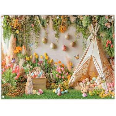 Imagem de ZTHMOE Tecido 2,4 x 1,8 m Primavera Páscoa Tenda Pano de Fundo Fotográfico Coelhinho Ovos Grama Verde Flores Fundo Floral Decoração Festa Infantil Festival Foto Banner Cabine