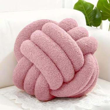 Imagem de Adlbbkiy Almofada de almofada de nó rosa de 21 cm, almofada redonda macia feita à mão com nó, almofada de pelúcia para decoração de casa, almofada de travesseiro de pelúcia com nó, para sofá de sala