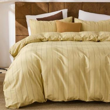 Imagem de Merryword Conjunto de capa de edredom listrado amarelo, tamanho Queen, conjunto de cama de algodão natural com fecho de zíper e 8 laços nos cantos, roupa de cama macia e respirável de luxo para todas