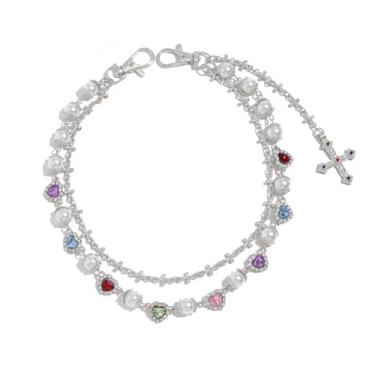 Imagem de 1 corrente de calça de flor de pérola, estilo high-end, hip-hop masculino, pingente de cruz de metal multicamadas com incrustações de pérolas falsas e pedras preciosas, acessório de moda com estilo