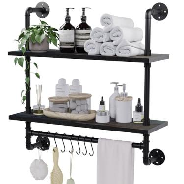 Imagem de ROGMARS Prateleiras de banheiro de tubo industrial, prateleiras flutuantes pretas de 61 cm para banheiro com ganchos de barra de toalha, prateleiras montadas na parede de cozinha, prateleira de café