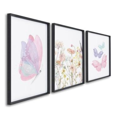 Imagem de Quadro Decorativo Infantil Flores e Borboletas 3 Telas 60x90 para Quar