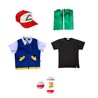 Imagem de Conjunto Ash, Treinador de Pokemon - camisa azul, camiseta preta, boné, luvas e pokebola, Quimera Kids, Fantasia, Multicor, 8