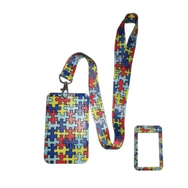 Imagem de Cordão Autismo Quebra Cabeça Porta Crachá Autista Cartão Identificação Personalizado Bilhete Único Escolar Trabalho (Quebra cabeça colorido)