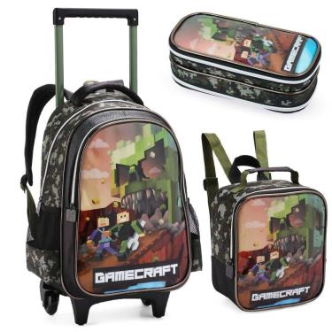 Imagem de Kit Mochila Rodinha Lancheira Estojo Escolar Infantil Minecraft