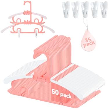 Imagem de Pacote com 50 cabides de plástico rosa para bebês com 40 clipes destacáveis, ajustáveis e extensíveis para armário infantil – 2 ranhuras inferiores para prender a posição do clipe, para roupas de
