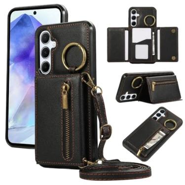 Imagem de Capa tipo carteira com porta-cartões transversal para Samsung Galaxy S24 S25 Ultra S23 FE S22 S21 Plus A56 A36 A26 A16 A55 A25 A35 Capa de couro, preta, para Galaxy A265G