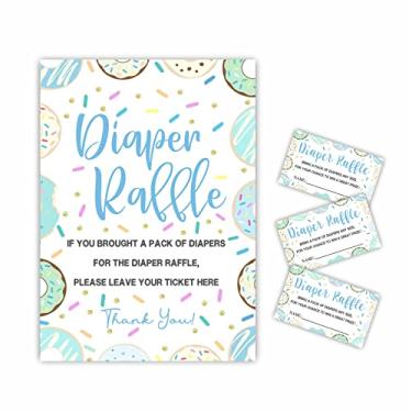 Imagem de Qoamp Conjunto de sorteio de fraldas para chá de bebê - Donuts coloridos, tema revelador de gênero - 1 placa de pé com 50 ingressos, suprimentos e decoração de festa de anúncio de bebê - C04