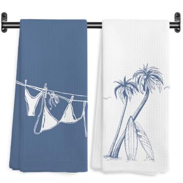 Imagem de WARDOS Toalhas de cozinha para prancha de surf de praia azul, toalhas de mão decorativas de palmeira tropical costeira para banheiro e cozinha, toalha de chá náutica vintage, pano de secagem, 40 x 61