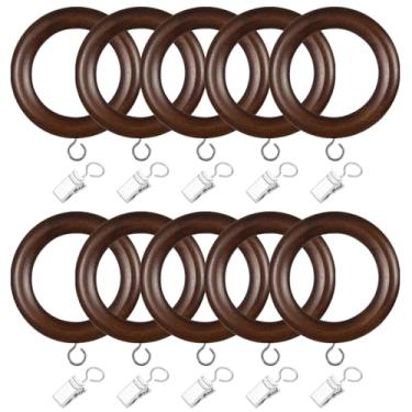 Imagem de 24 conjuntos de anéis de cortina de madeira com acabamento de nogueira preta e clipes, ganchos de aço inoxidável para varões de cortina de 2,5 cm