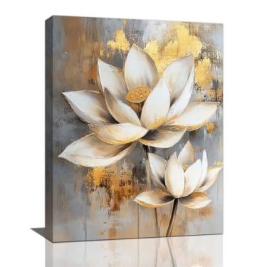 Imagem de Olivine Arte de parede Zen, decoração de parede de imagens de lótus, pintura de flor de lótus branca e dourada impressões em tela, arte emoldurada para quarto, banheiro, sala de estar, escritório, spa