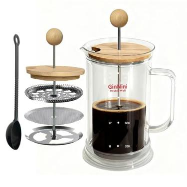 Imagem de GinNini Cafeteira francesa de 1000 ml, jarra de vidro borossilicato de parede dupla com filtro de aço inoxidável removível e eixo com botão e tampa de bambu ampliados, resistente ao calor para café e