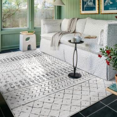 Imagem de GERUIMO Tapete lavável para sala de estar, cinza e branco vintage marroquino, tapete grande antiderrapante de lã sintética macia, adequado para crianças e animais de estimação para quarto, sala de