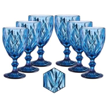 Imagem de Milbani Conjunto de 6 Taças de Vidro, Azul, 330ml, 16,5cm Altura x 8,5cm Diâmetro, Design Lapidado em Relevo, para Água, Sucos e Drinks Mesa Posta Jantares Elegância Dia a Dia