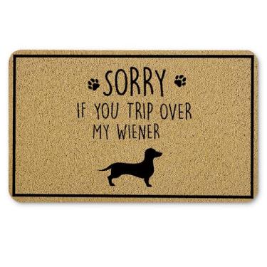 Imagem de Qnhij Tapetes engraçados de boas-vindas Dachshund para porta da frente, tapete de porta de cachorro Weiner, Sorry If You Trip Over My Weiner capacho para varanda externa, entrada interna, tapete de