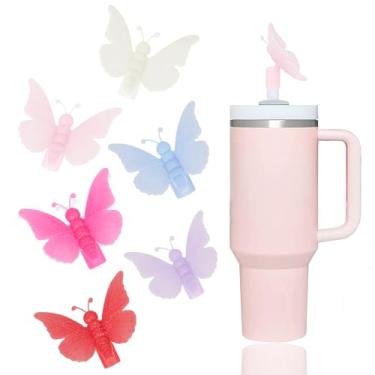 Imagem de YAYAYOUNG Capas de canudo de borboleta 3D com glitter compatíveis com copos Stanley 30 e 1,134 g, tampas de silicone reutilizáveis e fofas para copos Stanley de 10 mm Acessórios - 6 peças