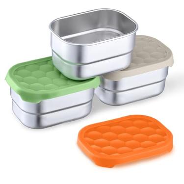 Imagem de Homikit Pacote com 3 recipientes de lanche para crianças, lancheira infantil de aço inoxidável 18/10 com tampas de silicone, conjunto de recipientes de alimentos Bento reutilizável para creche escolar