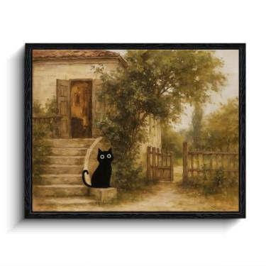 Imagem de Arte emoldurada de gato preto, arte de parede engraçada de gato preto, impressão de arte texturizada inspirada em gato Corot, gato preto na escada da casa de campo, pôsteres ecléticos para quarto