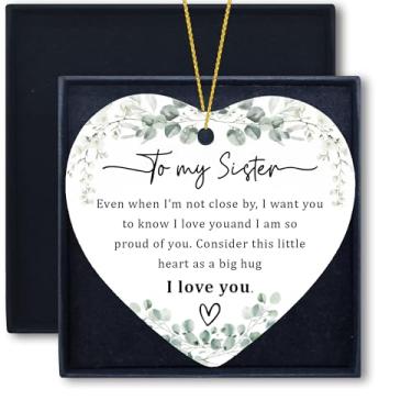 Imagem de Welshower Enfeites para irmãs, presentes de aniversário de dia das mães, presente de longa distância, melhor amigo, enfeite de coração suspenso de cerâmica, lembrança para decoração de carro de árvore