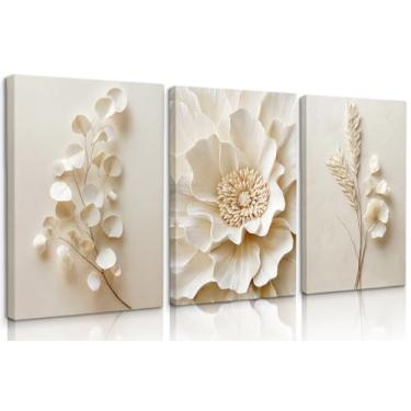 Imagem de 3 peças de arte de parede botânica bege neutra moderna minimalista floral decoração de parede branco neutro botânico impressões flores bege flores texturizadas pinturas vintage flores (tela de 30,5 x