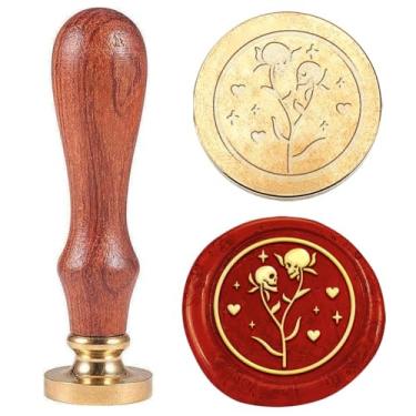Imagem de 1 carimbo de caveira com selo de cera de rosa vintage para presente de Natal 25 mm carimbo de cabeça de latão removível com alça de madeira para envelopes, enfeites de casamento, decoração de garrafa