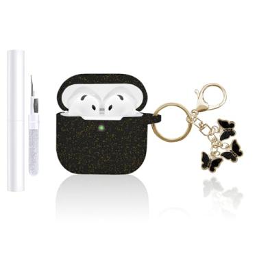 Imagem de AZGYIAI Capa compatível com Apple AirPods 4ª geração (2024), capa de silicone macio para AirPods 4 com chaveiro borboleta e kit de limpeza para meninas e mulheres (preto brilhante)