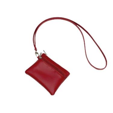 Imagem de Pequena bolsa de armazenamento para batom, fone de ouvido, couro simples, para pendurar no pescoço, carteira, cordão para pendurar no pescoço, porta-moedas, Vermelho, Bolsa para moedas