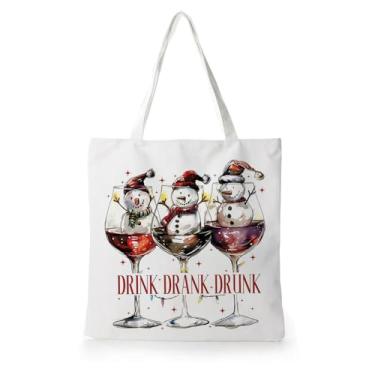 Imagem de Yhtrg Sacola de Natal com boneco de neve e vinho, presentes para amantes de vinho, boneco de neve engraçado, Natal, reutilizável, sacolas de presente, sacolas de compras de supermercado de Natal para