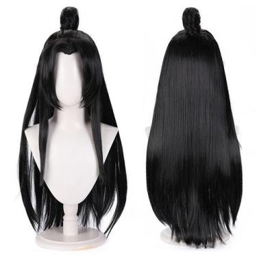 Imagem de Peruca de cosplay longa reta preta com coque sintético de 80 cm - yiwe