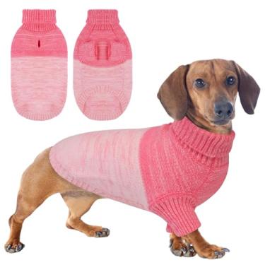 Imagem de Queenmore Suéter de malha para cães, suéter de gato de estimação com gola rolê, roupas de cachorro para clima frio, costura de tricô com orifício para coleira para cães pequenos e médios (rosa, M)