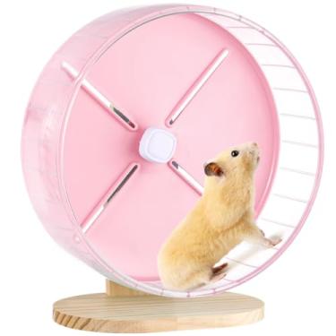 Imagem de Roda de exercício silenciosa para hamster com suporte de 26 cm, roda de corrida de chinchila com base de madeira, giratório silencioso ajustável para porquinhos-da-índia, planadores de açúcar, gerbos