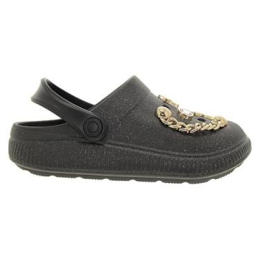 Imagem de Molekinha, Infantil, Clog 2591.207, Preto com Glitter, Tamanho 33/34, Resistente à Água, com Pins Dourados Decorativos