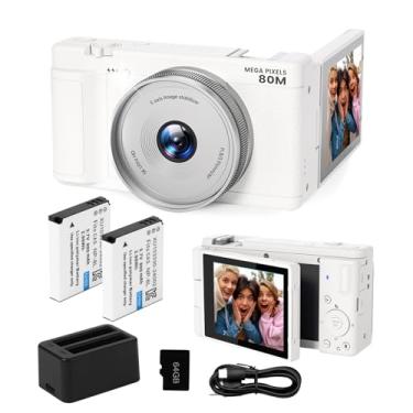 Imagem de Câmera digital UHD 5K para fotografia, câmera vlogging de 80 MP com foco automático para YouTube, tela flip de 3 polegadas 270°, câmera selfie de lente dupla com zoom digital de 18x, cartão SD de 64