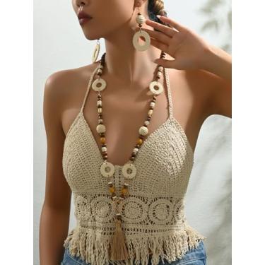 Imagem de Conjunto de colar e brincos de contas de madeira Boho, joia com pingente circular de tecido feito à mão com borla, acessórios de praia leves de verão para mulheres