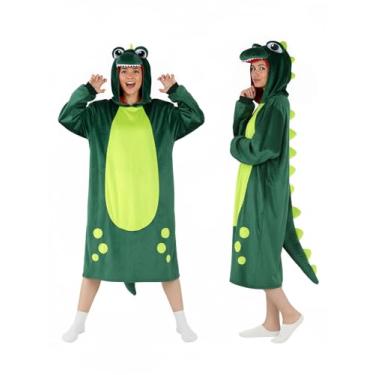 Imagem de ROC PARTY Fantasia de dinossauro verde T-Rex vestido com capuz para mulheres – pelúcia, solto e ajuste relaxado fantasia de dinossauro com capuz e cauda, pijama aconchegante para festa de cosplay de