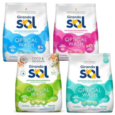 Imagem de Kit Sabão em Pó Girando Sol Coco Baunilha Hipoalergênico Floral Paris Rosa Floral 800gr Limpeza Profunda Alta Performace 4 Uni Mistas