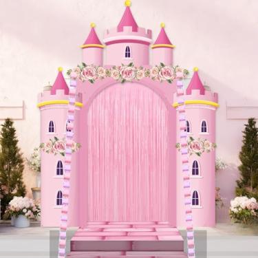 Imagem de Faixa de porta com foto de castelo de princesa 3D, decoração de festa rosa, tema de princesa, pano de fundo de aniversário com correntes de papel, cortina de franja, rosa para cabine de fotos
