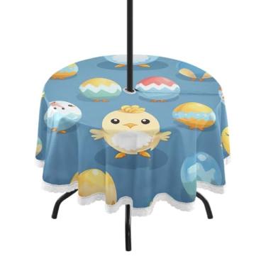 Imagem de Blueangle Toalha de mesa redonda de 152 cm à prova d'água para ambientes externos fofos pintinhos de Páscoa com orifício para guarda-chuva - Tecido resistente à prova de sol para todos os climas para