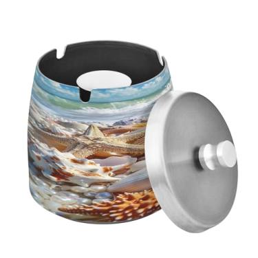 Imagem de Blueangle Lindo cinzeiro de praia tropical com tampa para cigarros, à prova de vento/chuva, aço inoxidável, sem fumaça, inodoro, cinzeiro para uso interno ou externo (598)