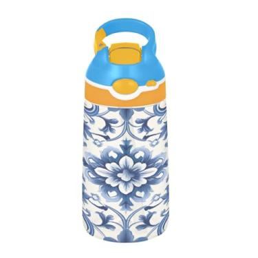 Imagem de ATTX Garrafa de água Blue Vintage Tiles de 473 ml – Garrafa de água reutilizável Tritan Sports & Travel com canudo e tampa de bico pop-up #415