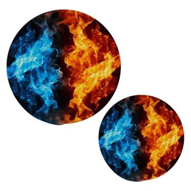 Imagem de Blueangle Suporte de panela com duas chamas de fogo - conjunto de pegadores de panela de tecido redondo - almofadas quentes trançadas de algodão - porta-copos - tapetes de mesa para cozinhar e assar