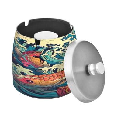 Imagem de Blueangle Cinzeiro colorido de ondas de peixe com tampa para cigarros, à prova de vento/chuva, aço inoxidável, sem fumaça, inodoro, cinzeiro para uso interno ou externo (166)