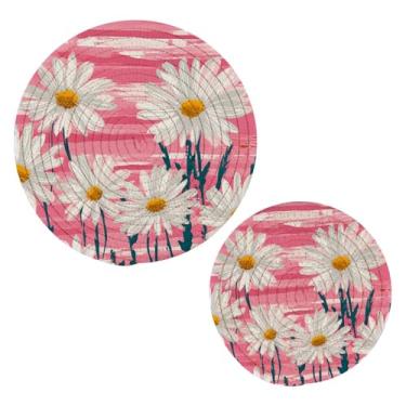 Imagem de Blueangle 2 peças de suporte de panela de trivet de margaridas brancas - conjunto de pegadores de panela de tecido redondo - almofadas quentes trançadas de algodão - porta-copos - tapetes de mesa para